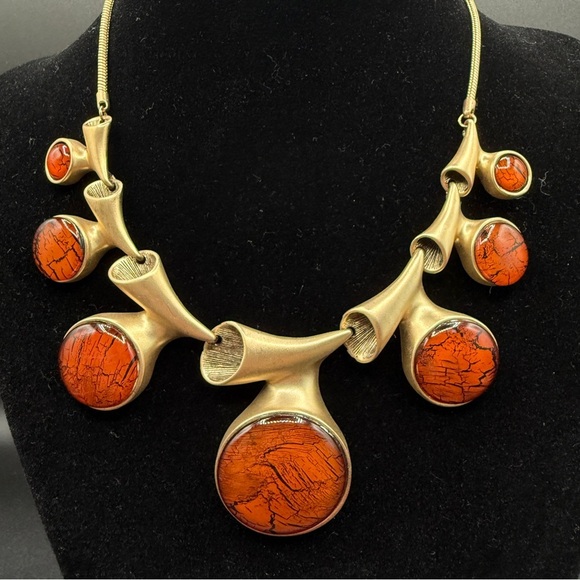 Brutalist Brushed Gold and Marbled Orange Jewelry Set of Earrings and Necklace - Picture 5 of 17